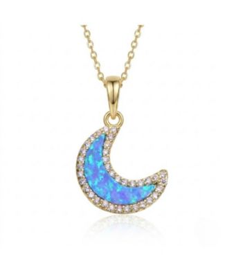 14K Gold Plated Sparkling Moon Opal and CZ Halo Necklace