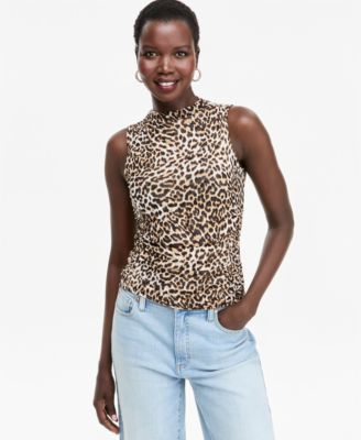 Women's Mock-Neck Printed Mesh Sleeveless Top