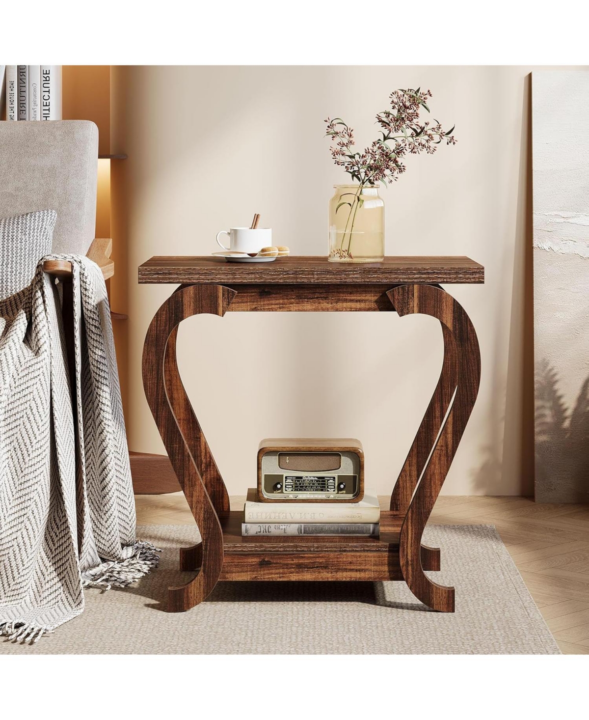 Tribesigns End Table,Narrow Wood Side Table with Storage Shelves,2-Tier Bedside Accent Furniture for Living Room,Small Spaces,Bedroom