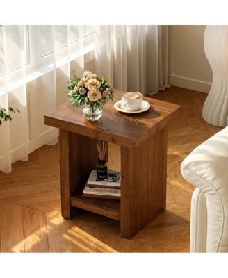 Tribesign Square Solid Wood End Table, 2-tier Rustic Farmhouse Side Table With Open Storage, Nightstand For Small Spaces, Living Room