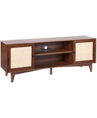 Rattan TV Stand for 75 in TV, 66 in Boho Entertainment Center with Built-In Power Strip and Storage Cabinets
