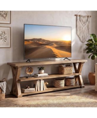 63" Farmhouse TV Stand for 55-70" TVs:Rustic console with open storage shelves.Wooden media center with X-shaped sides for living room