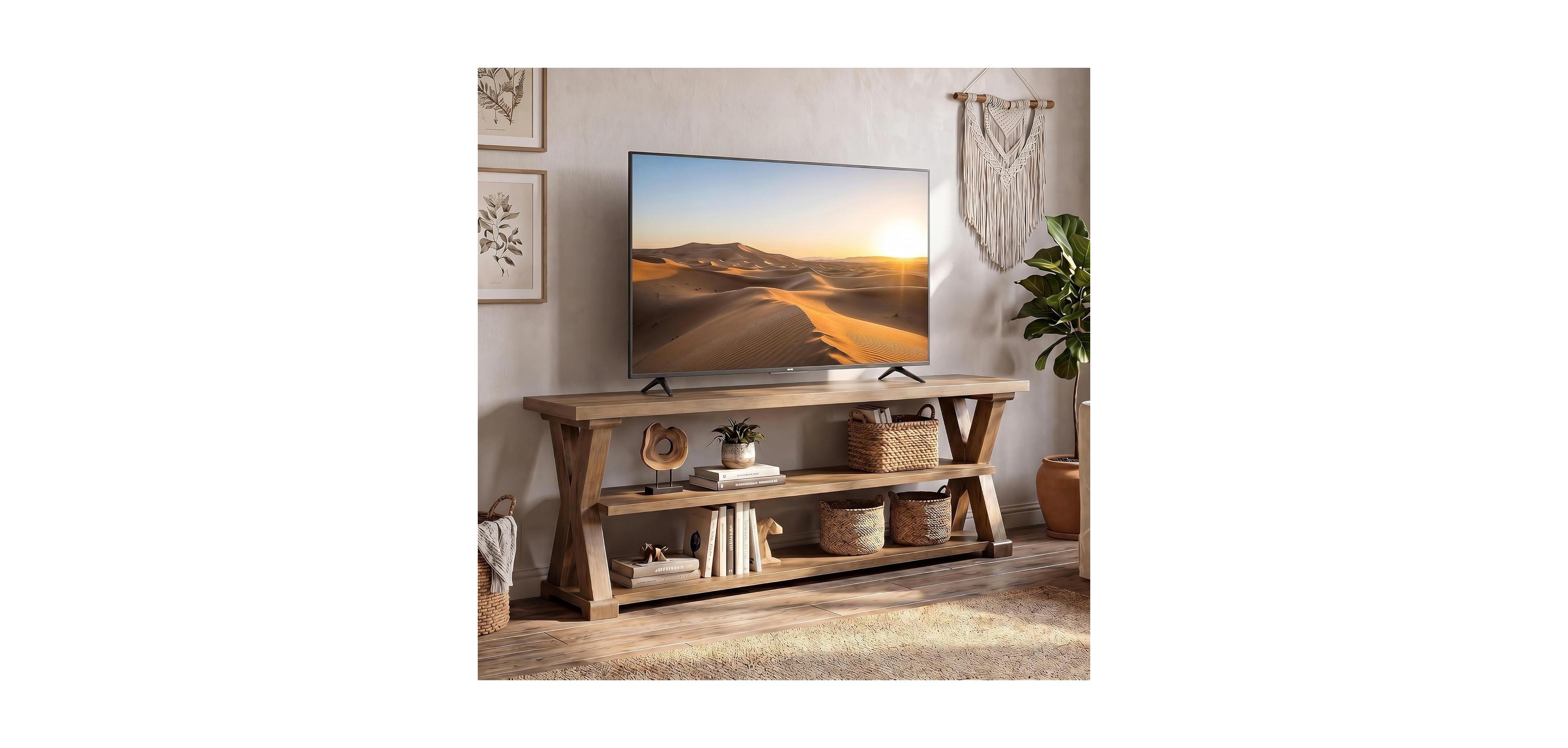 Tribesigns 63" Farmhouse Tv Stand for 55-70" TVs:Rustic console with open storage shelves.Wooden media center with X-shaped sides for living room
