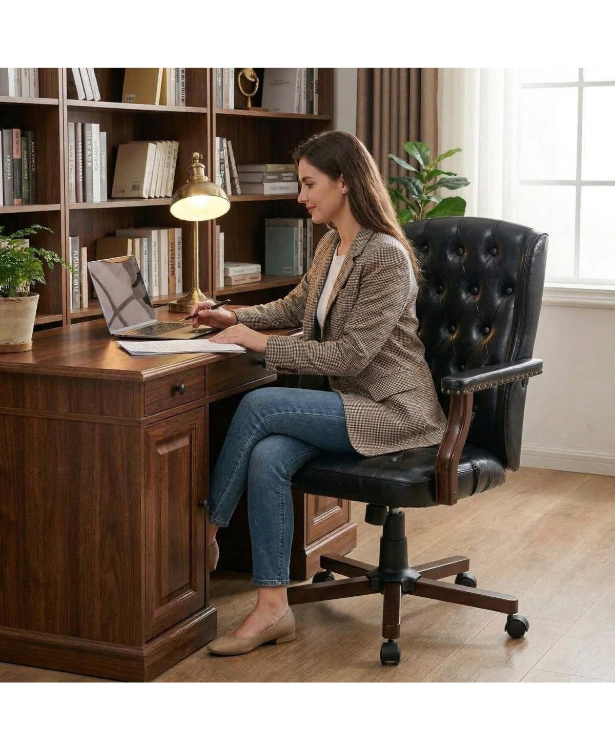 homfan Vintage Wingback Swivel Executive Chair with Thick Cushion, Adjustable Recline, and Wood Base