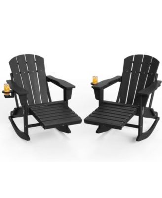 2 Piece All-Weather HDPE Outdoor Folding Adirondack Rocking Chair with Retractable Ottoman for patios, Decks, Gardens