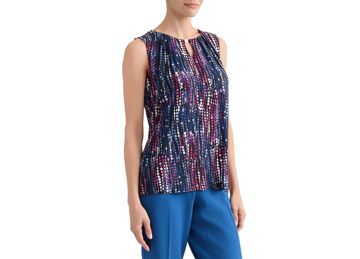Petite Printed Pleat-Neck Sleeveless Top