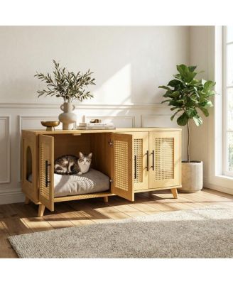 Hidden Cat Cabinet, Modern Rubber Wood and Rattan Furniture with Cushion for Living Room