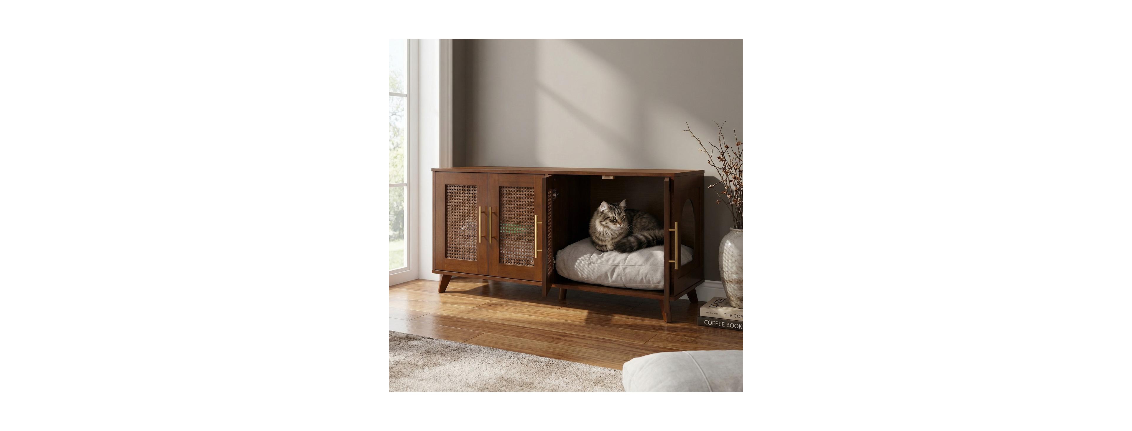 6thdruple Hidden Cat Cabinet, Modern Rubber Wood and Rattan Furniture with Cushion for Living Room