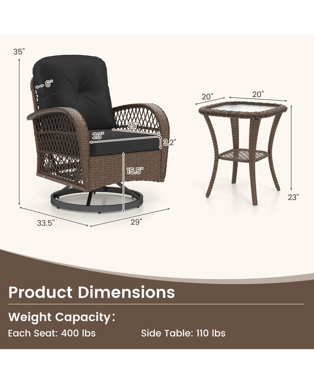 Slickblue 3-Piece Patio Rocking Chair Set with Swivel Chairs and Glass Table