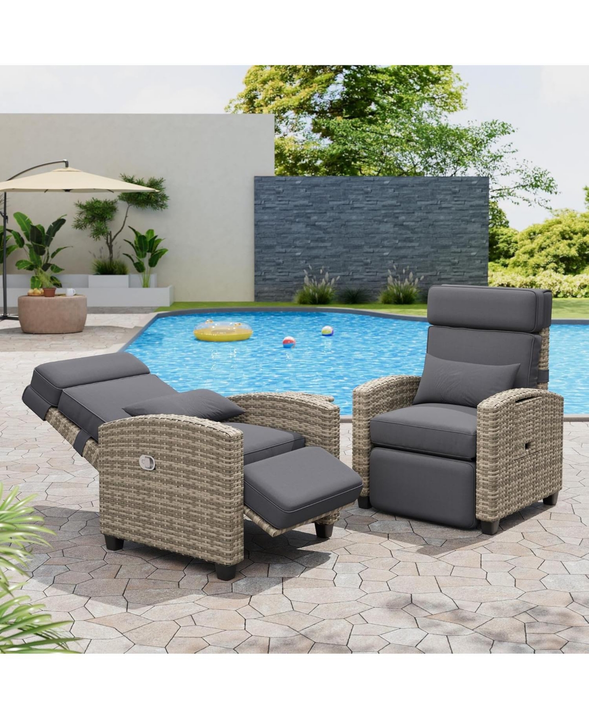 gaomon Outdoor Recliner with Cushion/Side Table, Patio Reclining Chairs with Adjustable Back and Footrest, Lay Flat Reclining Chair