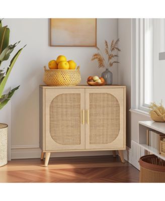 Farmhouse Rattan Buffet Cabinet with Storage, 2 Door Storage Credenza Sideboard Cabinet with 4 Compartments