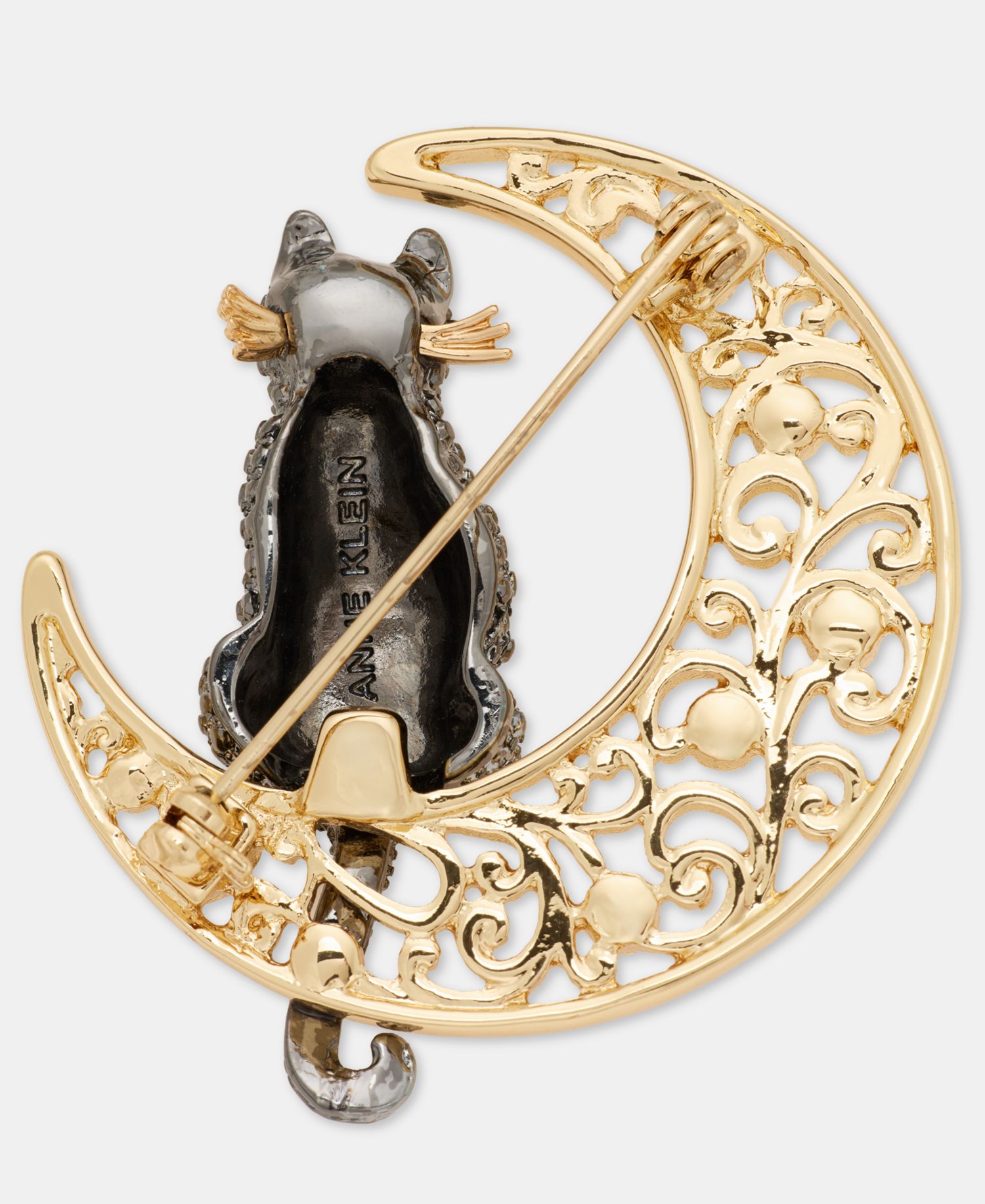 Pav&eacute; Cat Filigree Moon Pin