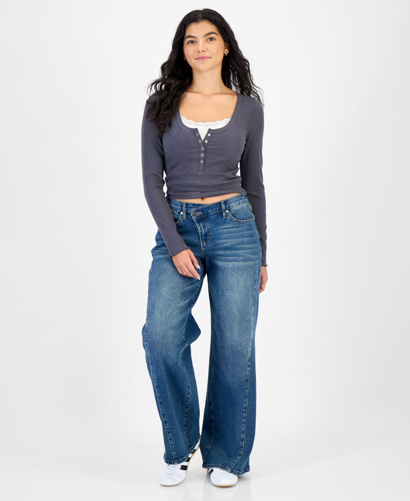 Женский топ Hippie Rose Henley в рубчик, многослойный, длинный рукав, для подростков, цвет: Серый / Белый — фото 4