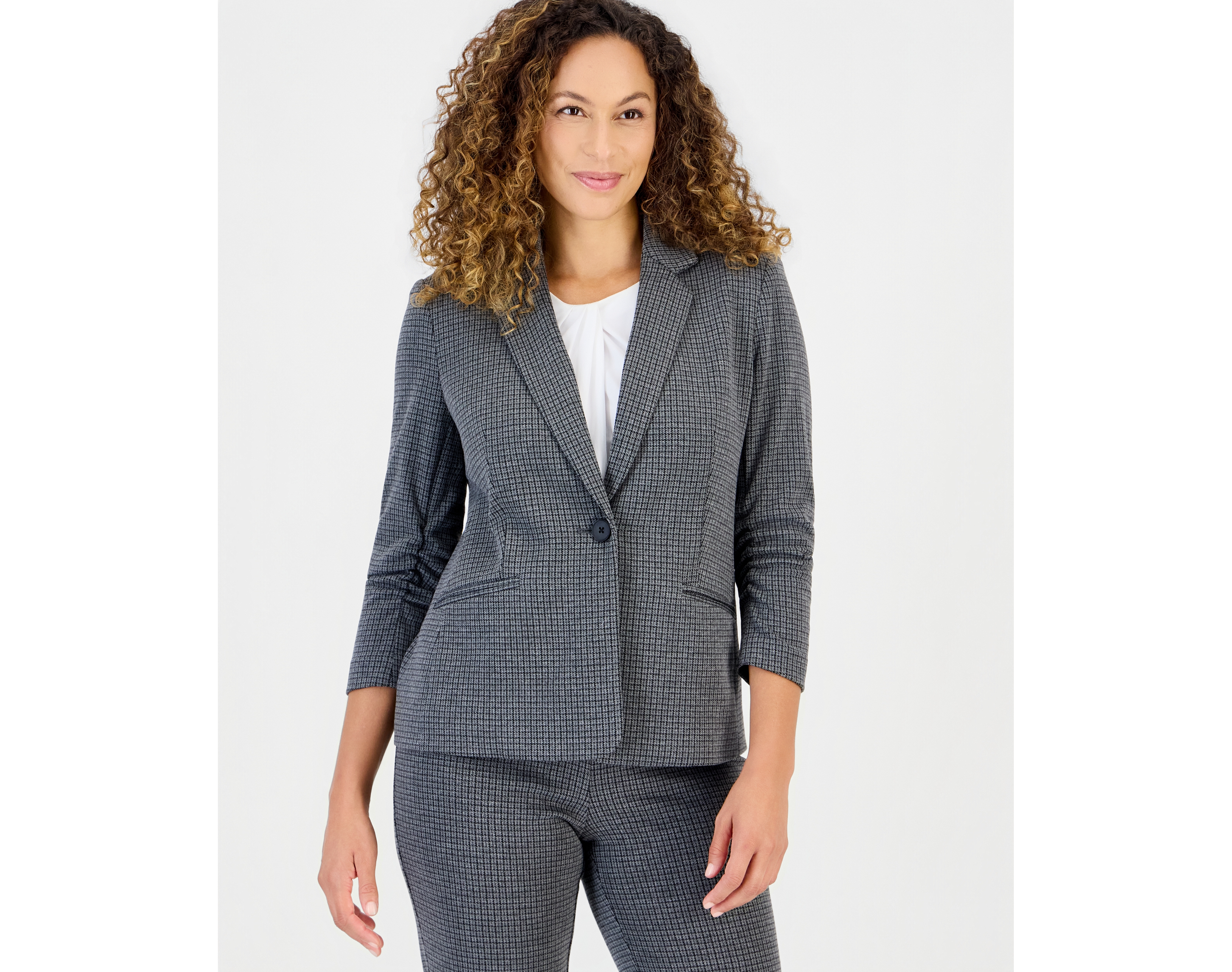 Anne Klein Essentials Women's Petite Scrunch-Sleeve Notch-Collar Blazer