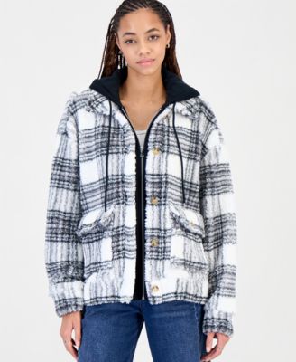 Juniors' Sherpa-Lined Plaid Hooded Shacket