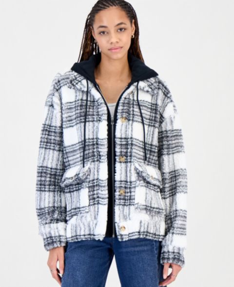 Женские куртки Madden Girl Juniors' Sherpa-Lined Plaid Hooded Shacket, цвет: Чёрный комбинированный