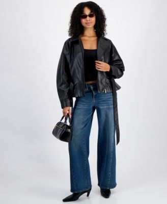 Juniors' Faux Leather Trench Zip-Front Jacket