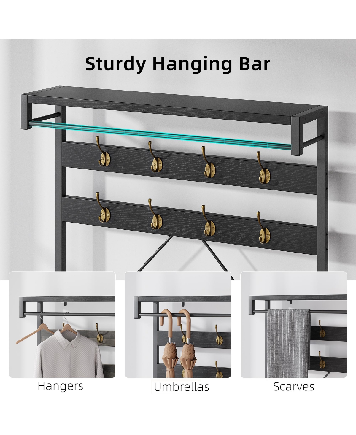 homfan Multifunctional Hall Tree Coat Rack, Heavy Duty Steel Wood Entryway Storage Bench with Hooks and Shelves