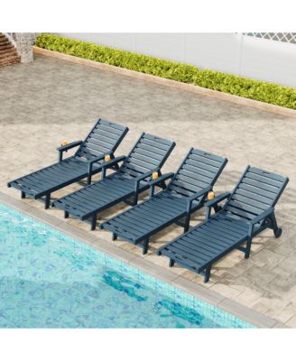 Patio Chaise Lounge Set of 4, HDPE Lounge Chair with Rolling Wheels, Cup Holder, 5-Position Backrest, All-Weather Lounger for Poolside