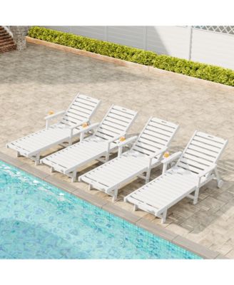 Patio Chaise Lounge Set of 4, HDPE Lounge Chair with Rolling Wheels, Cup Holder, 5-Position Backrest, All-Weather Lounger for Poolside