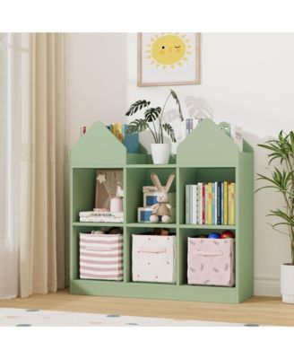 toy storage organizer with book racks and open cubbies, castle design kids bookshelf, toddler toy chest for playroom, nursery, daycare use