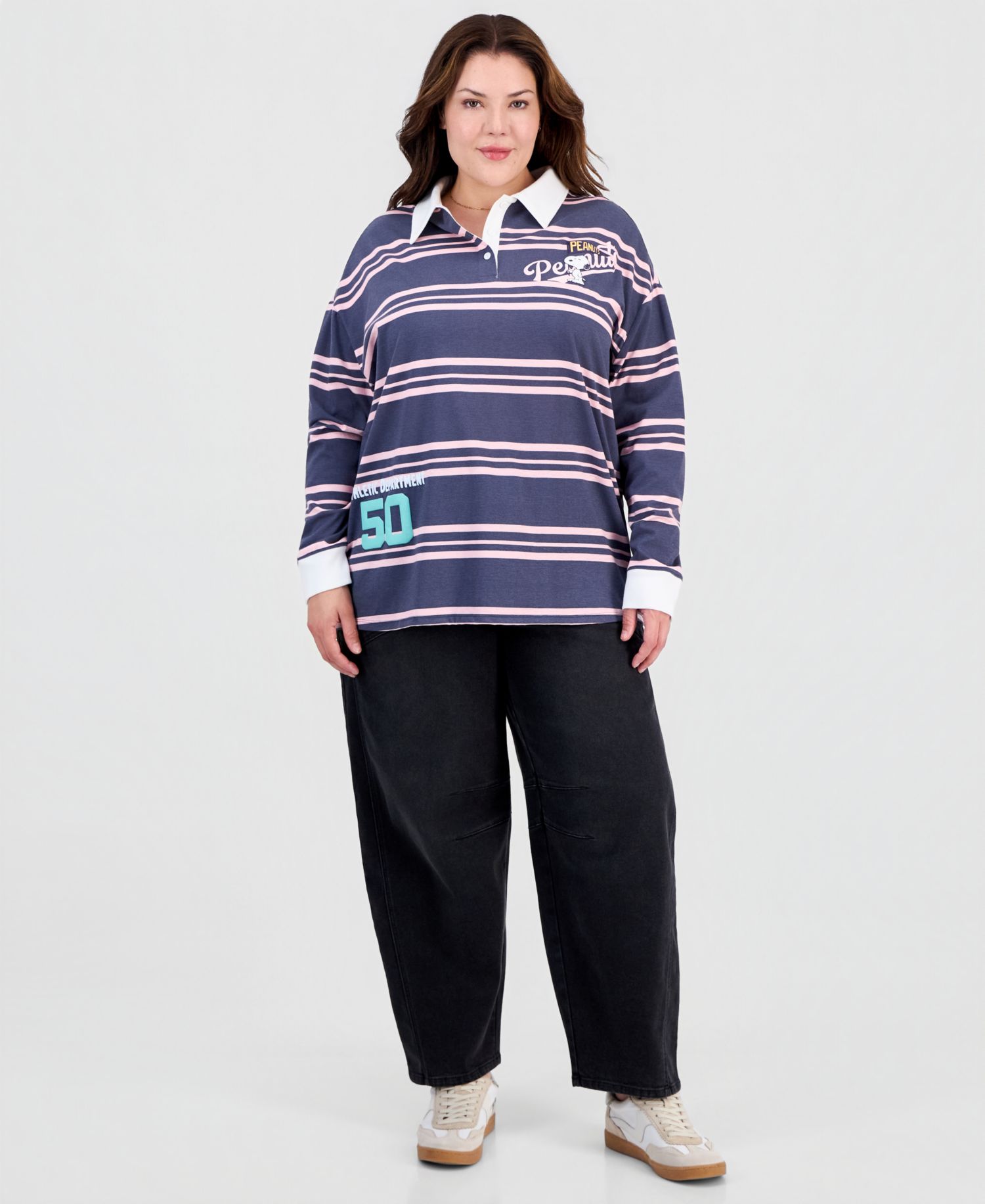 Plus Size Snoopy Athletic Rugby Striped Quarter Button Down Collar Cotton-Blend Polo Shirt