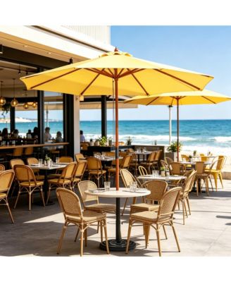9FT Solid Wood Patio Umbrella w/ Retro Base Pulley Lift for Resort Outdoor Event Decor Rental Wedding Party Butter Yellow