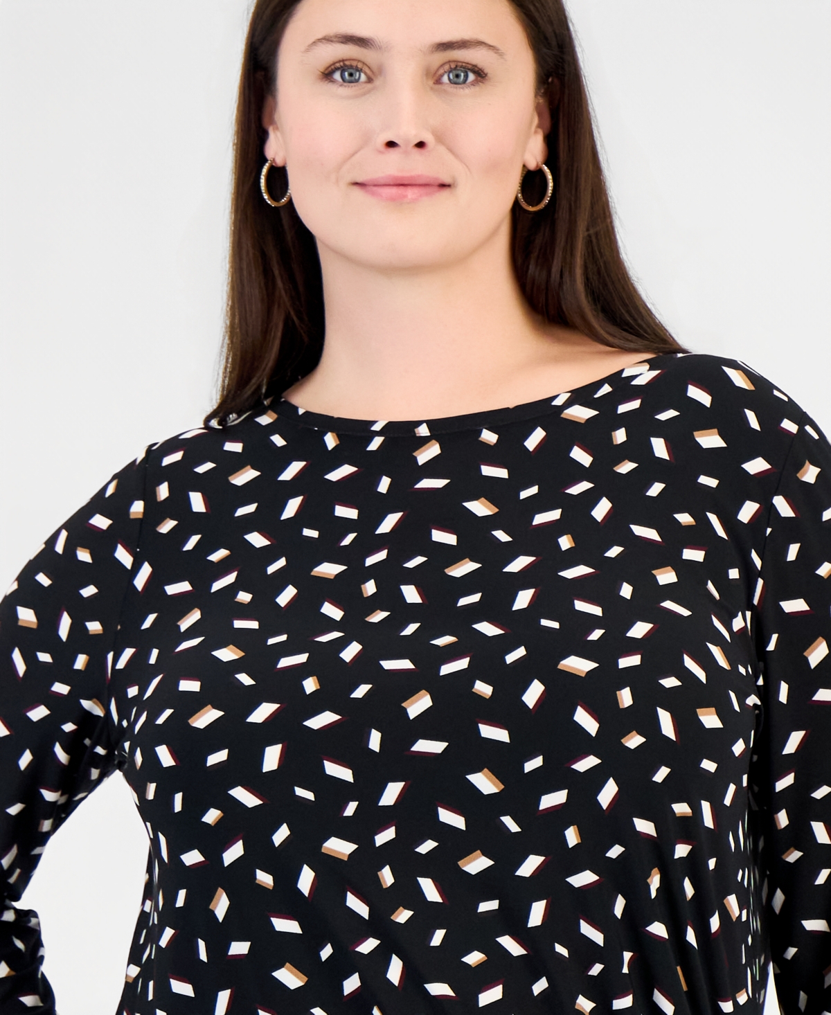 Anne Klein Essentials Plus Size Long-Sleeve Boat-Neck Ruched Blouse
