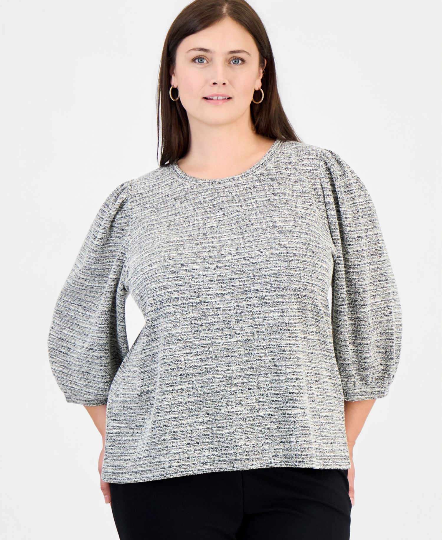 Plus Size Crew Neck Boucl&eacute; 3/4-Length Balloon Sleeve Sweater