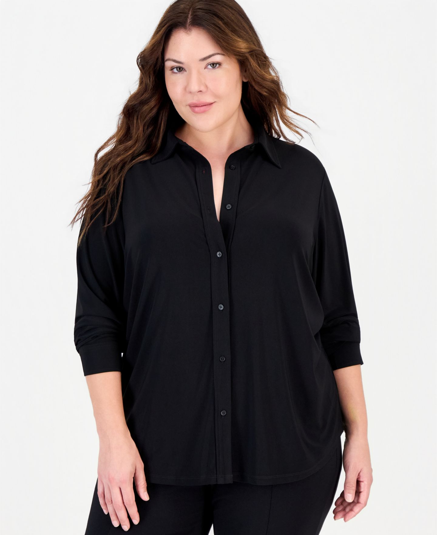 Женская блузка Anne Klein Essentials Plus Size Long-Sleeve Button-Up Blouse, цвет: Чёрный — фото 2
