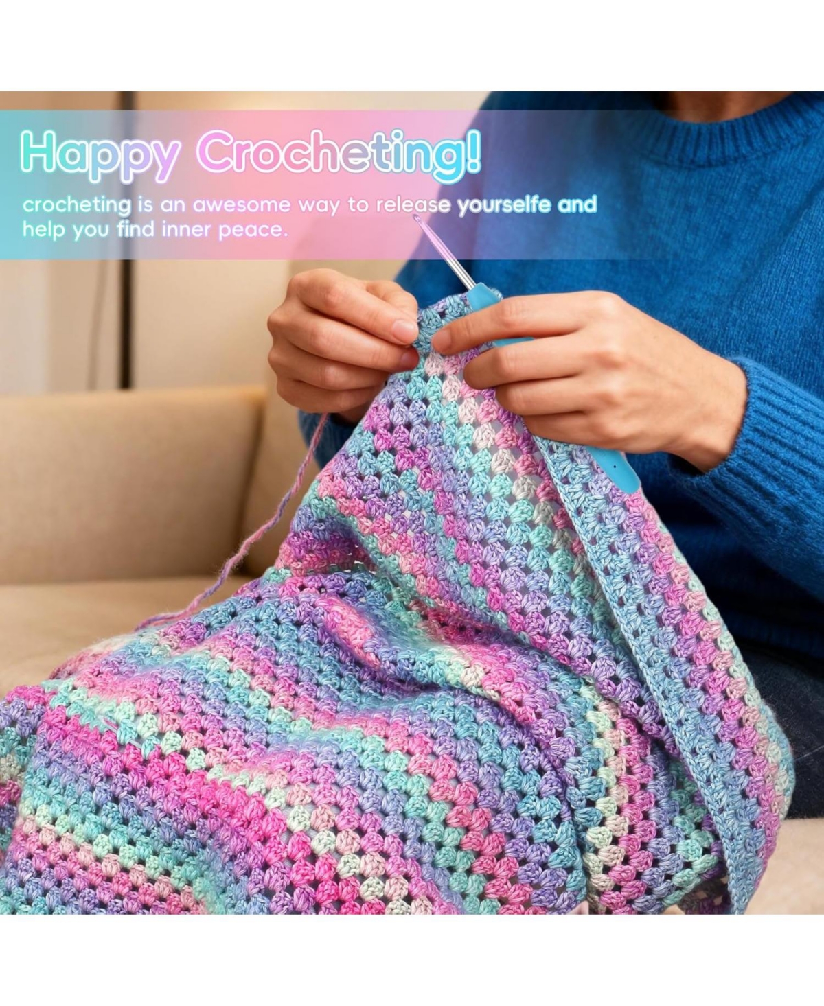 Aeelike Blanket Crochet Kit for Beginners, Super Easy Crochet Blanket Kit with Soft Gradient Yarns and Video Tutorials, Crocheting Accessories
