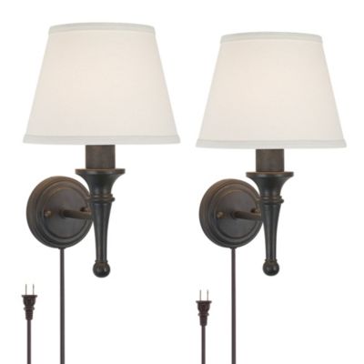 Braidy Rustic Wall Light Sconces Set of 2 Bronze Plug-in 7" Light Fixture Ivory Cotton Shade for Bedroom Reading Living Room Hallway Home