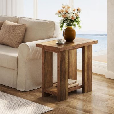 2 Tier Side Table with Storage,Rustic Wood End Table,Narrow Nightstand Bedside Table for Living Room,Bedroom,Small Spaces