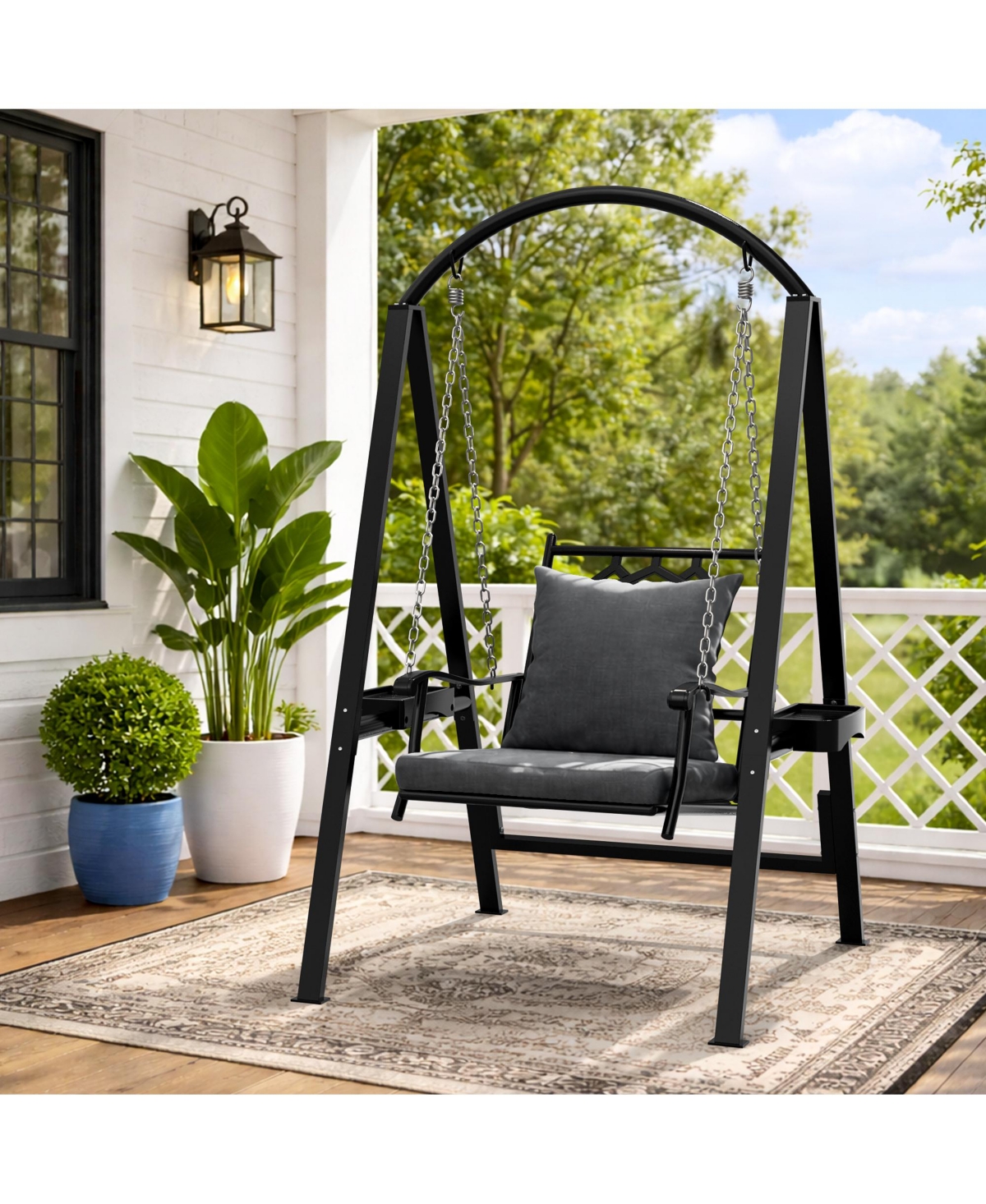 Pamapic 1 Person Porch Swing With Heavy-duty Metal Frame, Dual Side Trays And Adjustable Chains