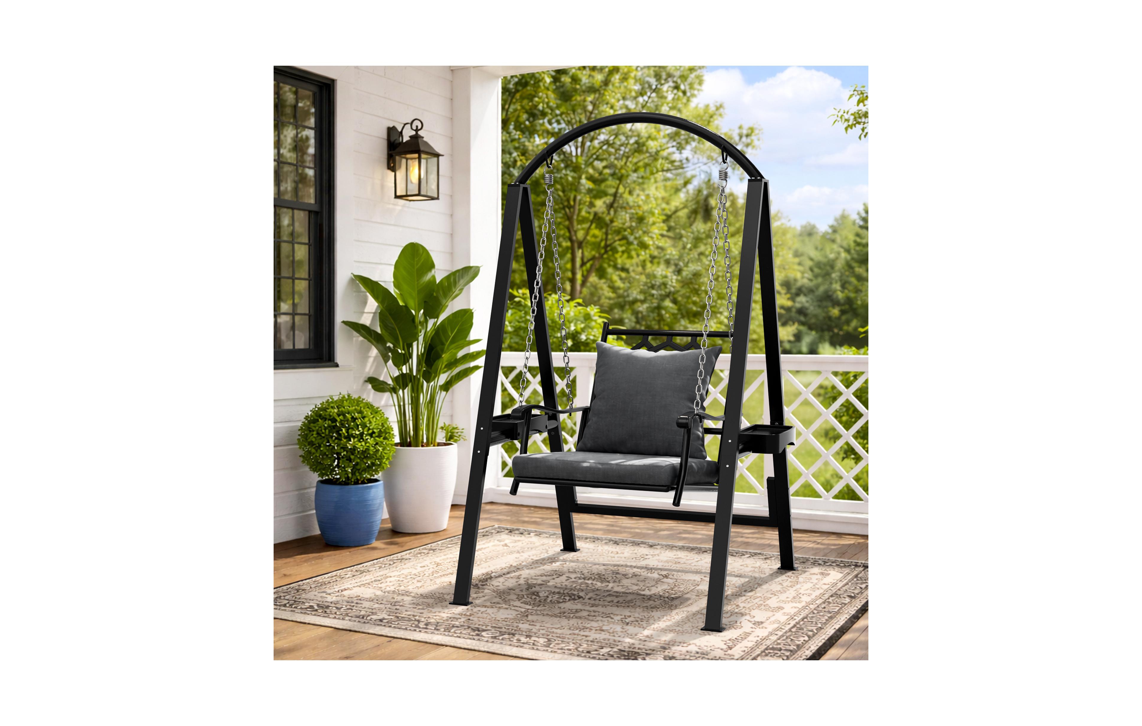 Pamapic 1 Person Porch Swing With Heavy-duty Metal Frame, Dual Side Trays And Adjustable Chains