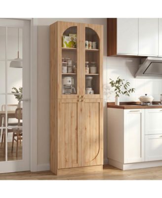 80" Tall Kitchen Pantry Arch Storage Cabinet with Tempered Glass Doors