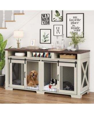 71'' Heavy Duty Double Dog Crate Coffee Table - Pet Kennel with 3 Storage Drawers, Removable Divider, Sliding Barn Door - Extra Large TV Stand