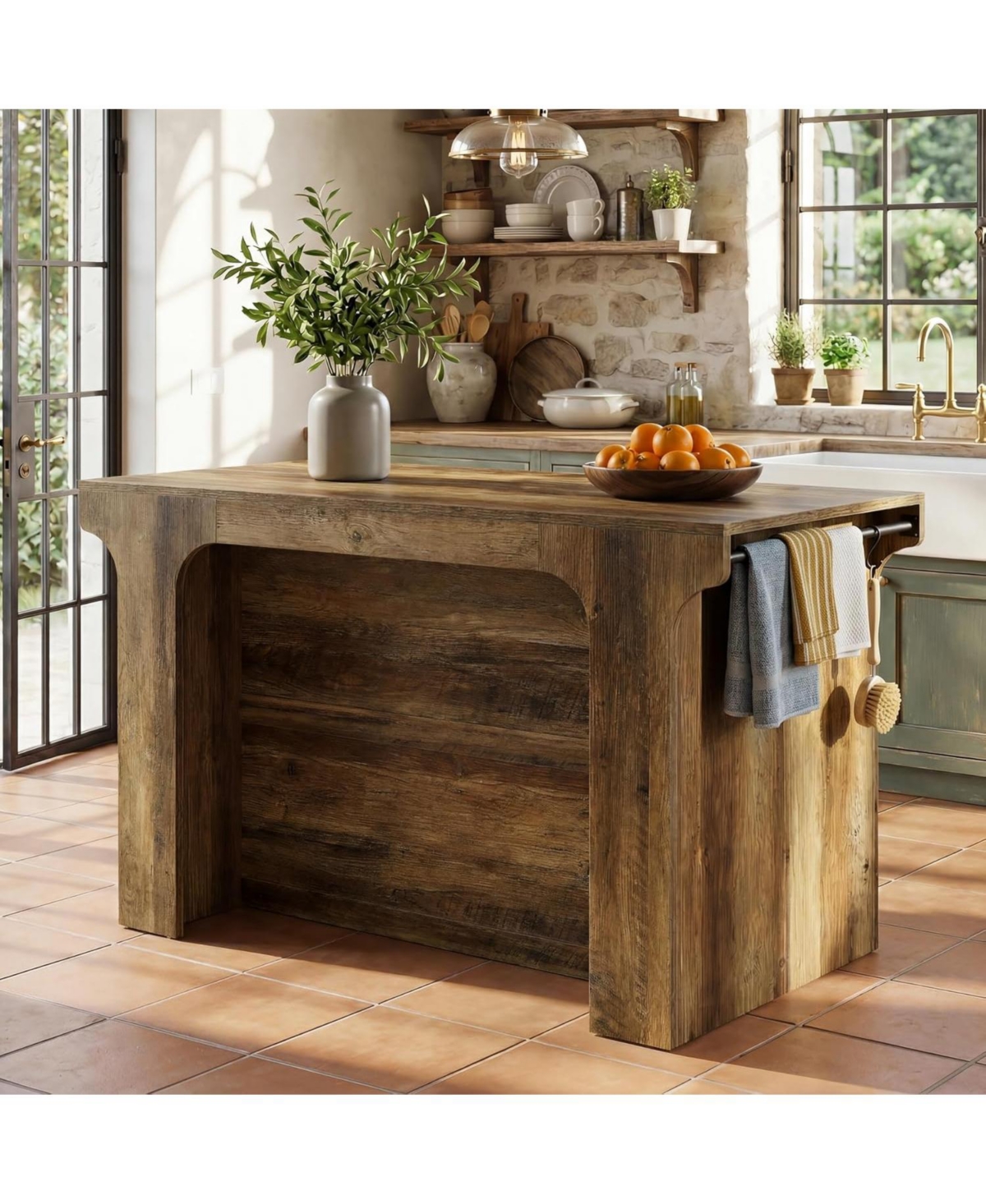 Tribesigns 55" Kitchen Island: Counter Height With Seating, 2 Shelves, Hanging Rods. Farmhouse Prep Station For Dining Room