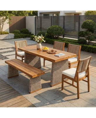 6-Piece Acacia Wood Outdoor Dining Set with Wicker Chairs and Bench