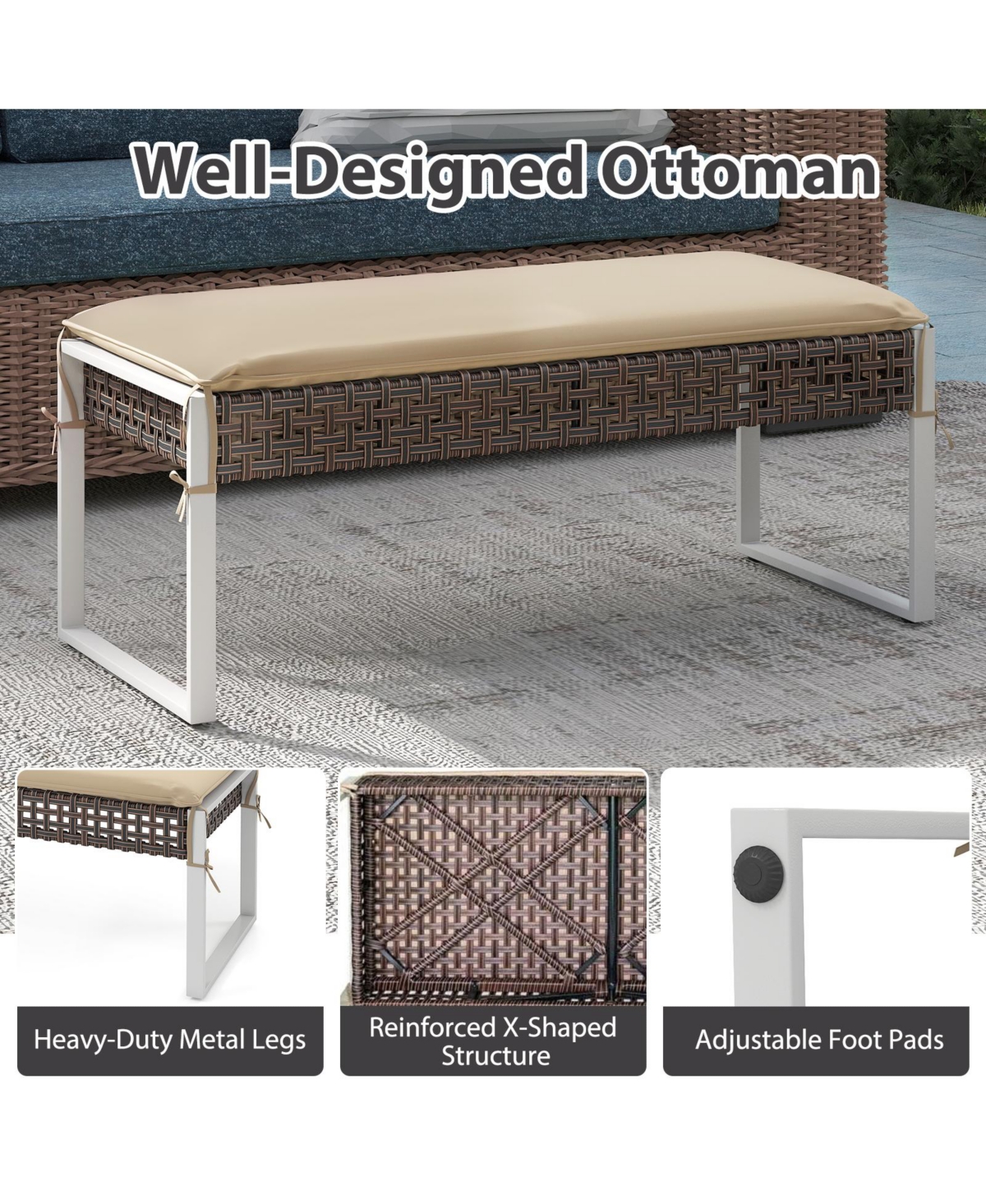 Sugift Patio Rectangle Wicker Ottoman Pack of 2 with Cushions and Metal Legs, 44.5 x 18.5 inch