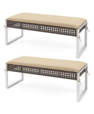 Patio Rectangle Wicker Ottoman Pack of 2 with Cushions and Metal Legs, 44.5 x 18.5 inch