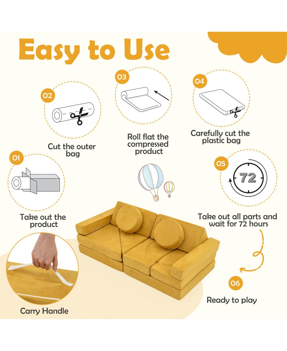 Sugift 14-Piece Modular Kids Play Couch with Foam Blocks and Washable Suede Covers, 56 x 27.5 in