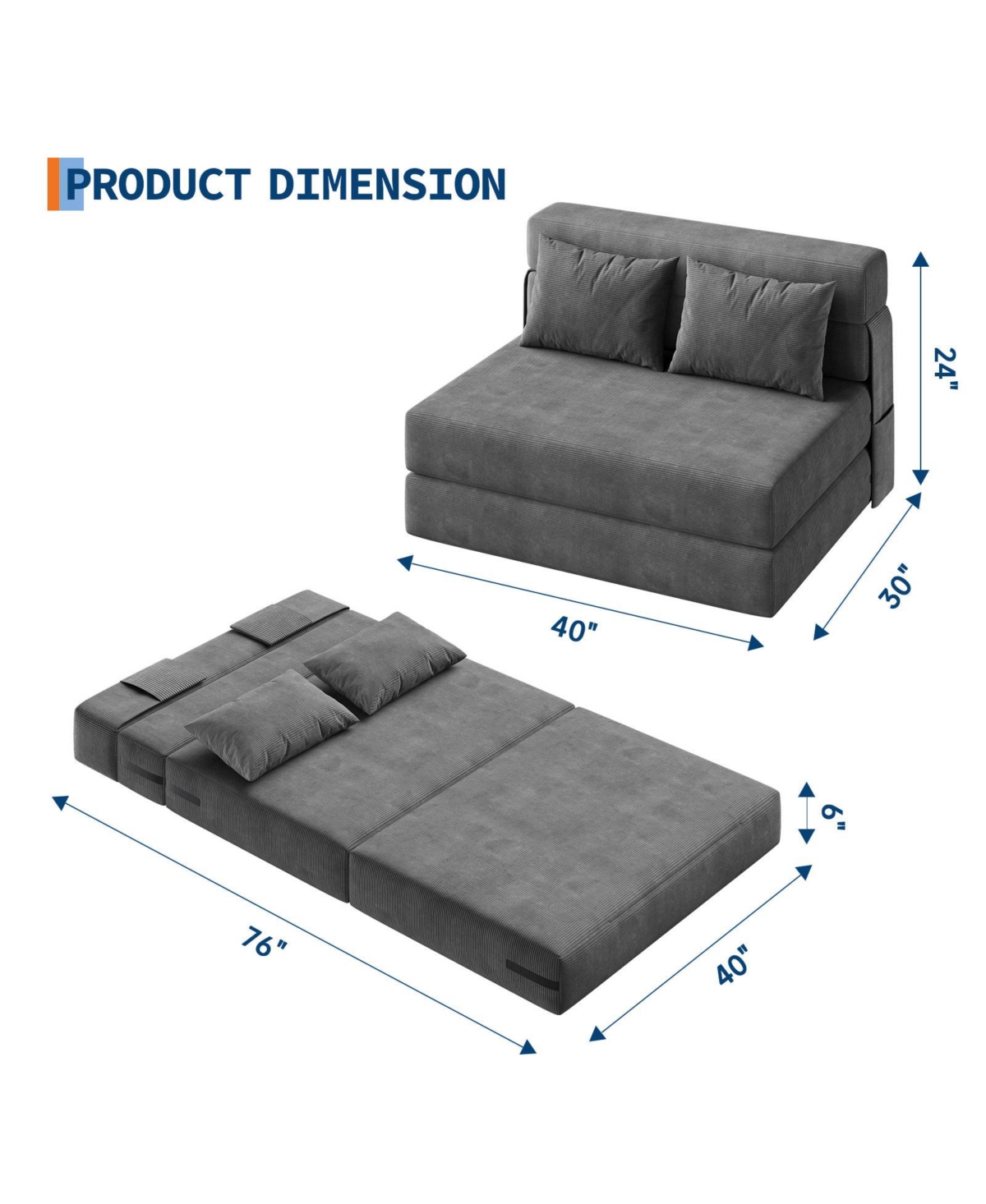 homfan 76"x40" Folding Sofa Bed - Corduroy Sleeper Sofa with Washable Cover and Segmented Backrest for Bedroom or Guest Room