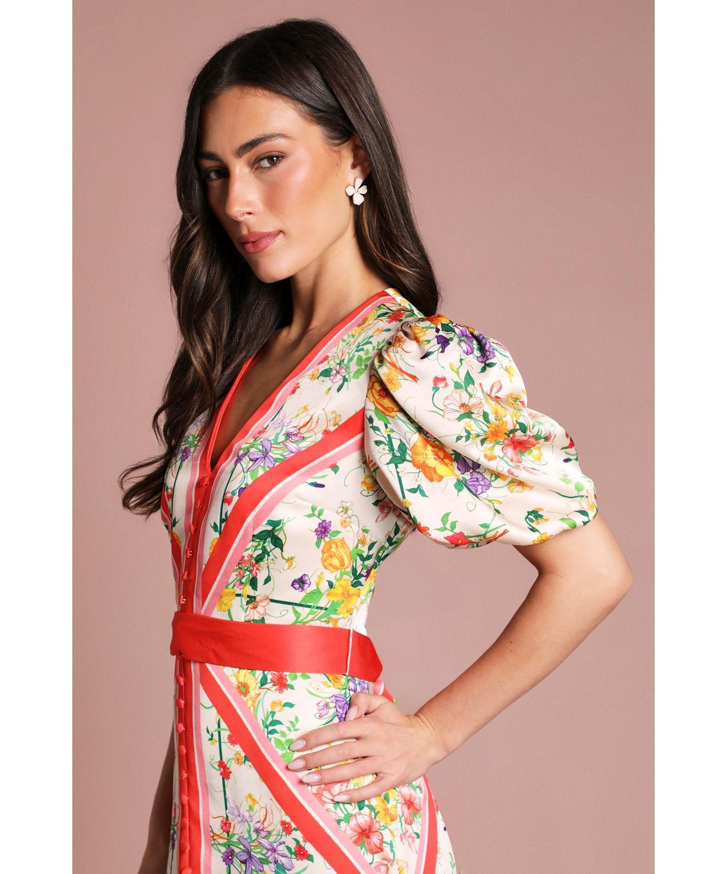Women's Satin Scarf Print V-Neck Midi Dress