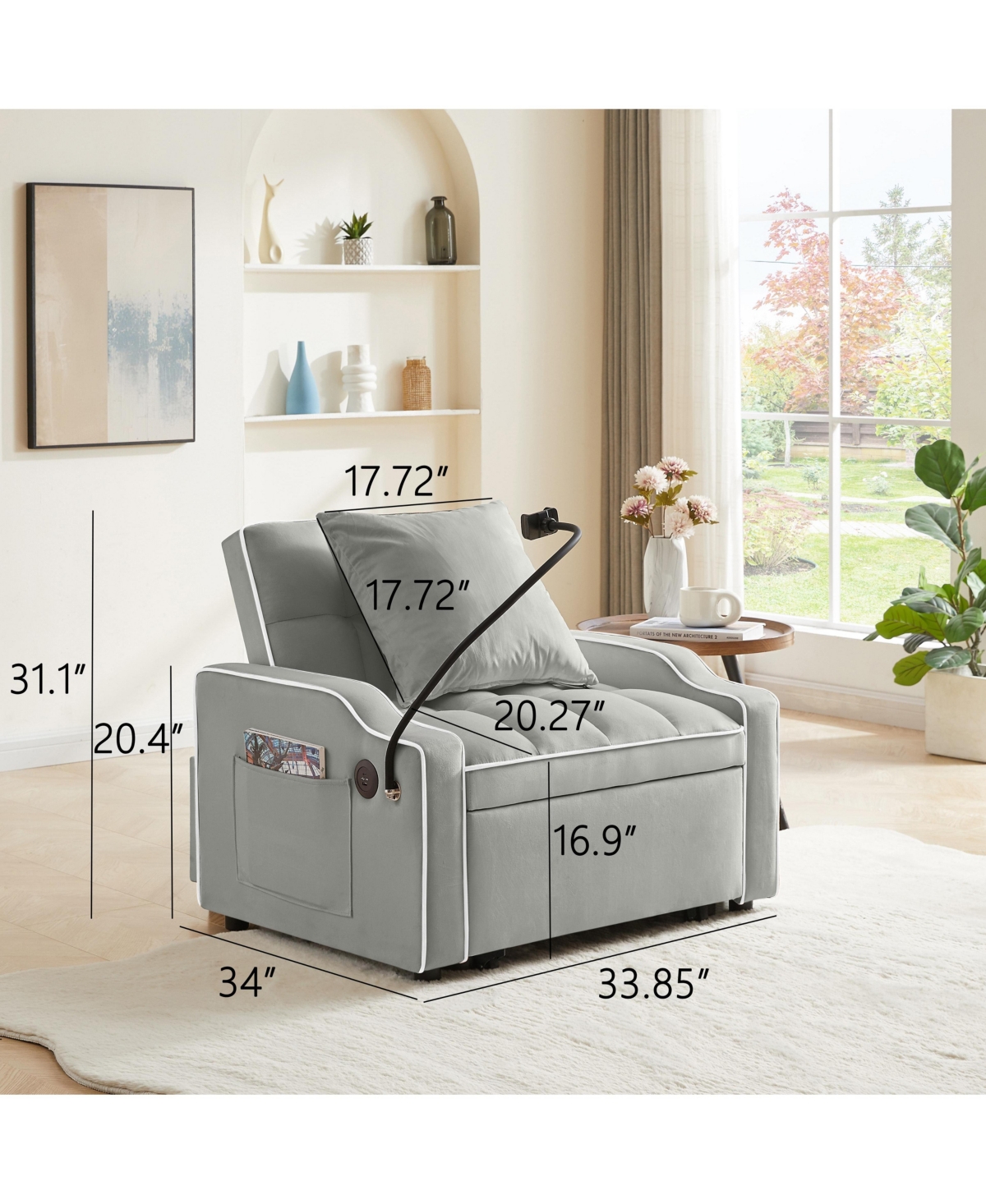Clihome 3 In 1 Convertible Sleeper Sofa Chair Bed With Adjustable Backrest and Phone Holder