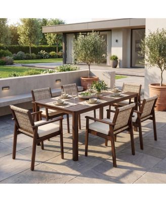 7-Piece Acacia Wood Outdoor Dining Set with Cushions and Wicker Chairs