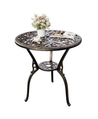 Round Patio Coffee Table with Umbrella Hole, Vintage Floral Cast Aluminum Outdoor Side Table for Porch, Garden, Backyard