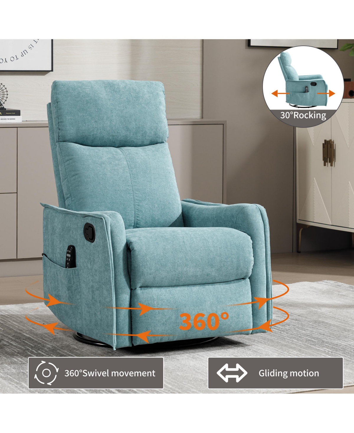 Clihome Heat Massage Manual Recliner Chair with Rocker and Swivel Fabric for Living Room