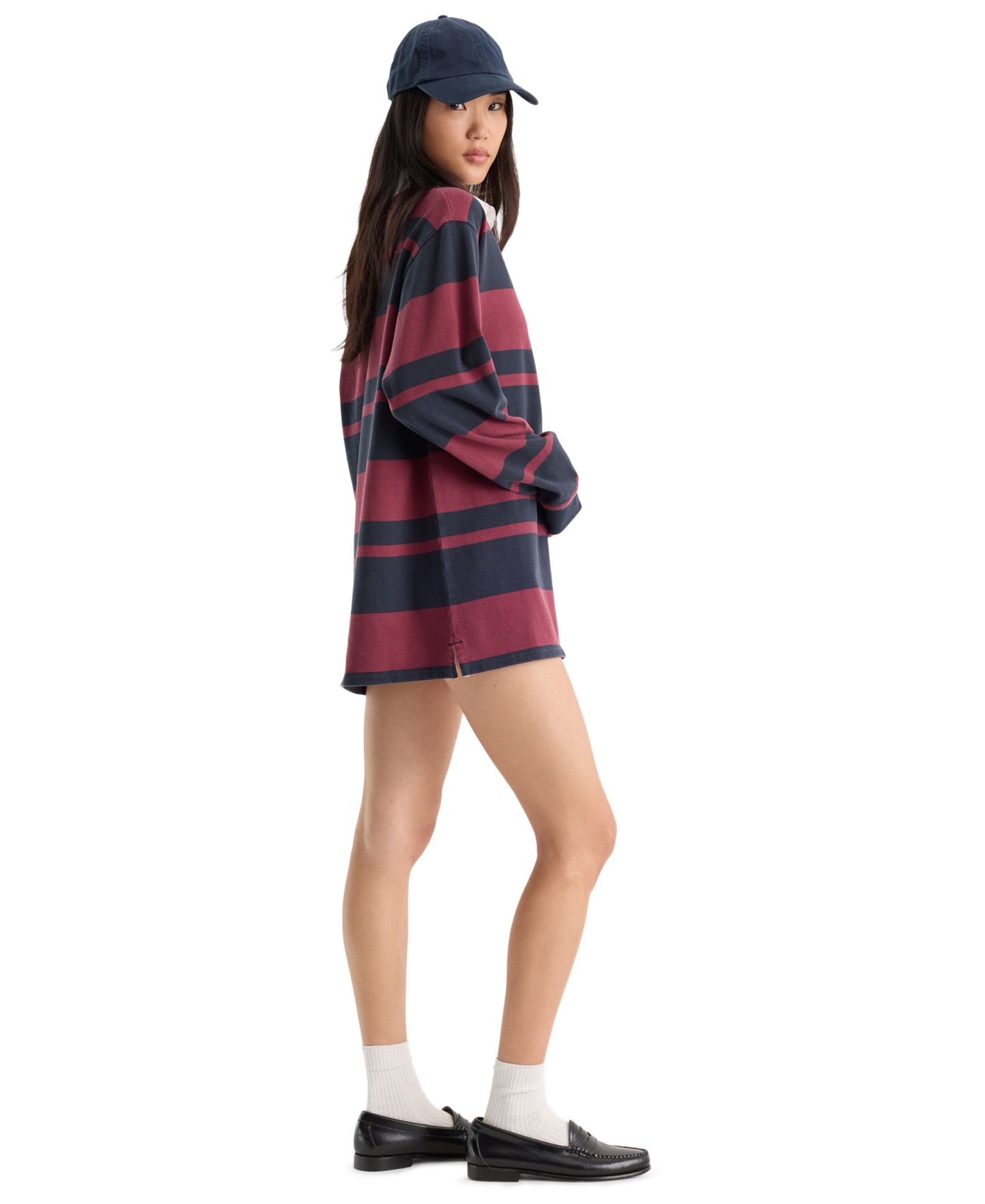 Женское платье Good American The Rugby Collared Long-Sleeve Mini, цвет: Тёмно-синий ягодный полосатый — фото 3