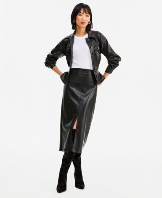 Women's High-Waisted Front Slit Faux-Leather Pencil Midi Skirt